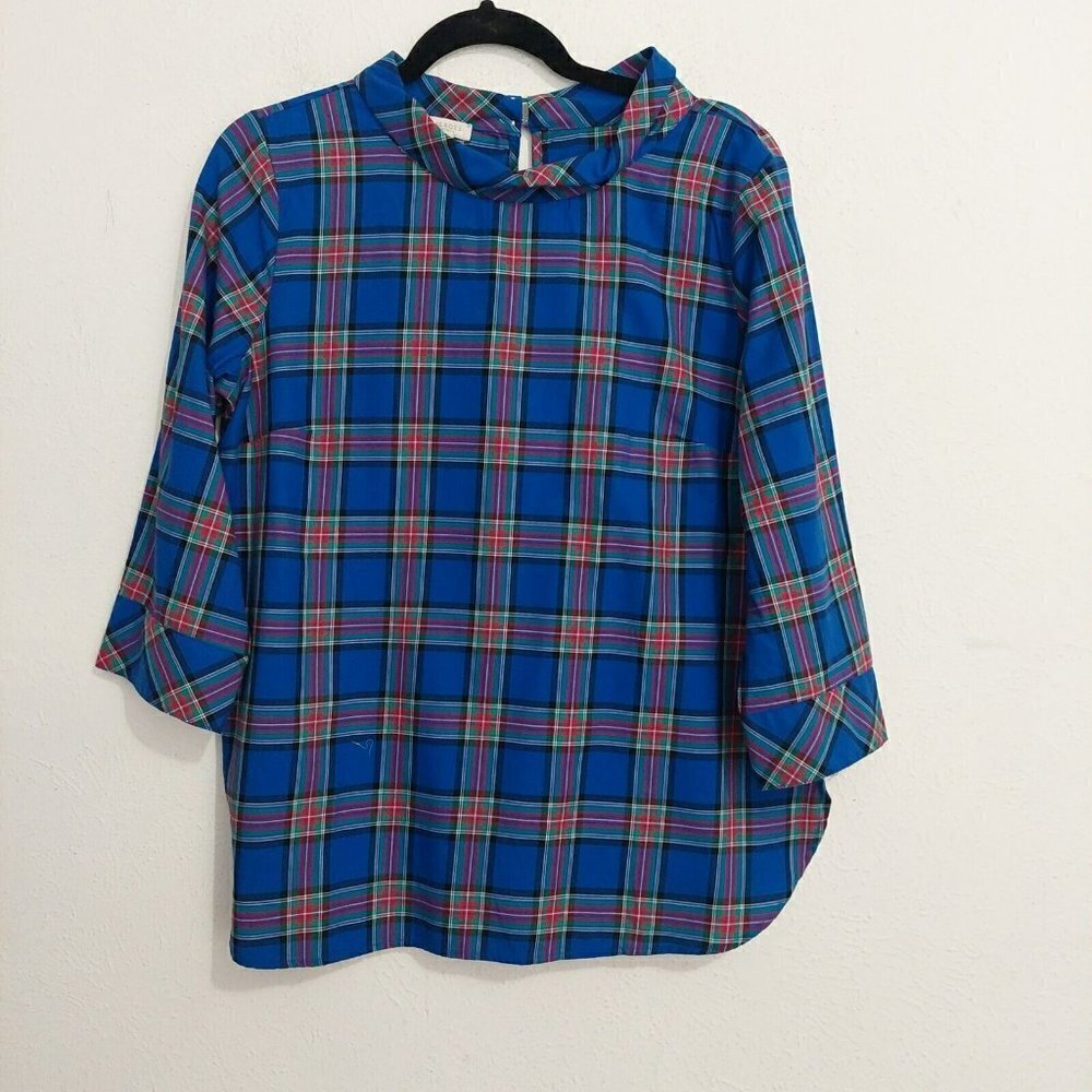 Talbots Womens Blue Red Plaid Mock Top Petites M/P 3/4 Sleeve‎ Pullover Preppy